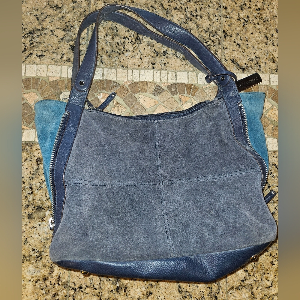 Blue suede shoulder purse